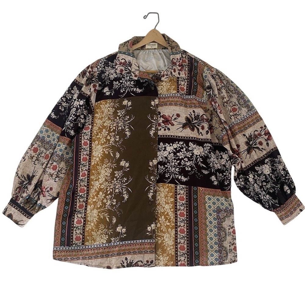 Boho Patchwork Floral Tunic Top - Olive Multi